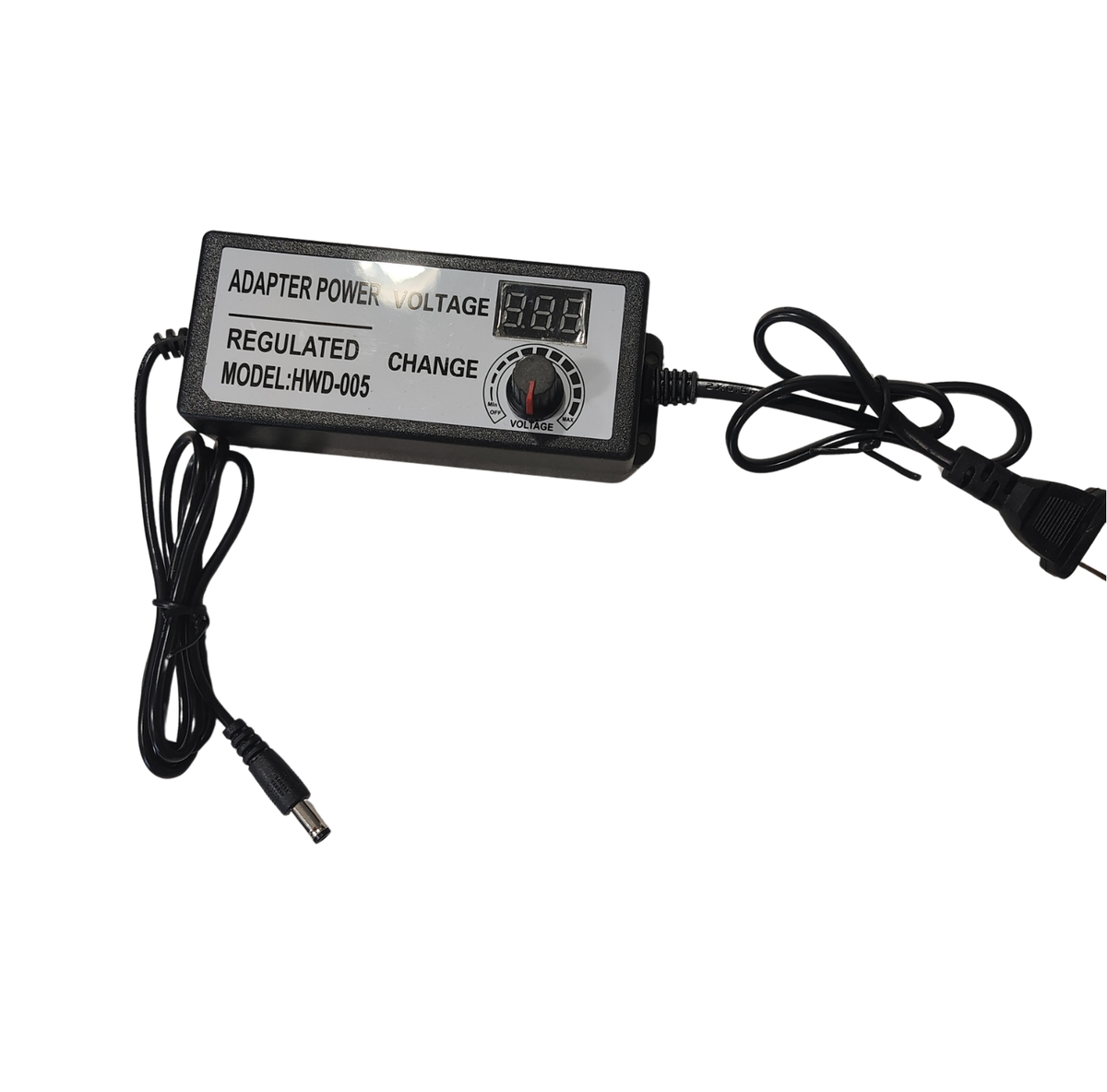 A black regulated power adapter with a digital display and rotary control dial, shown on a plain white background with attached power cords.